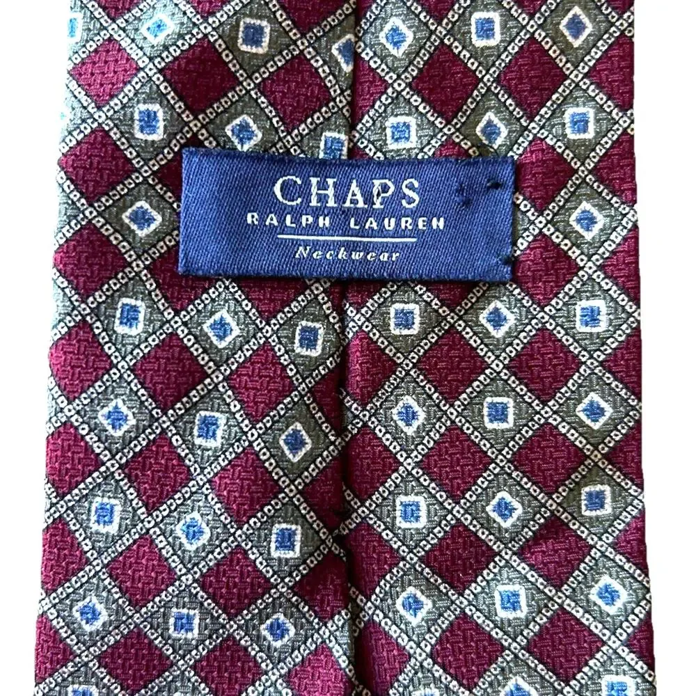 VTG Ralph Lauren Silk Tie Ivy League Geometric diamond square motif Burgundy USA